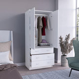 TUHOME Taly Double Door Armoire with Hanging Rod, Two Spacious Drawers and Full-Length Storage Compartment, Durable Engineered Wood Construction, Stylish Organizer for Clothes and Accessories in Modern Bedroom Spaces