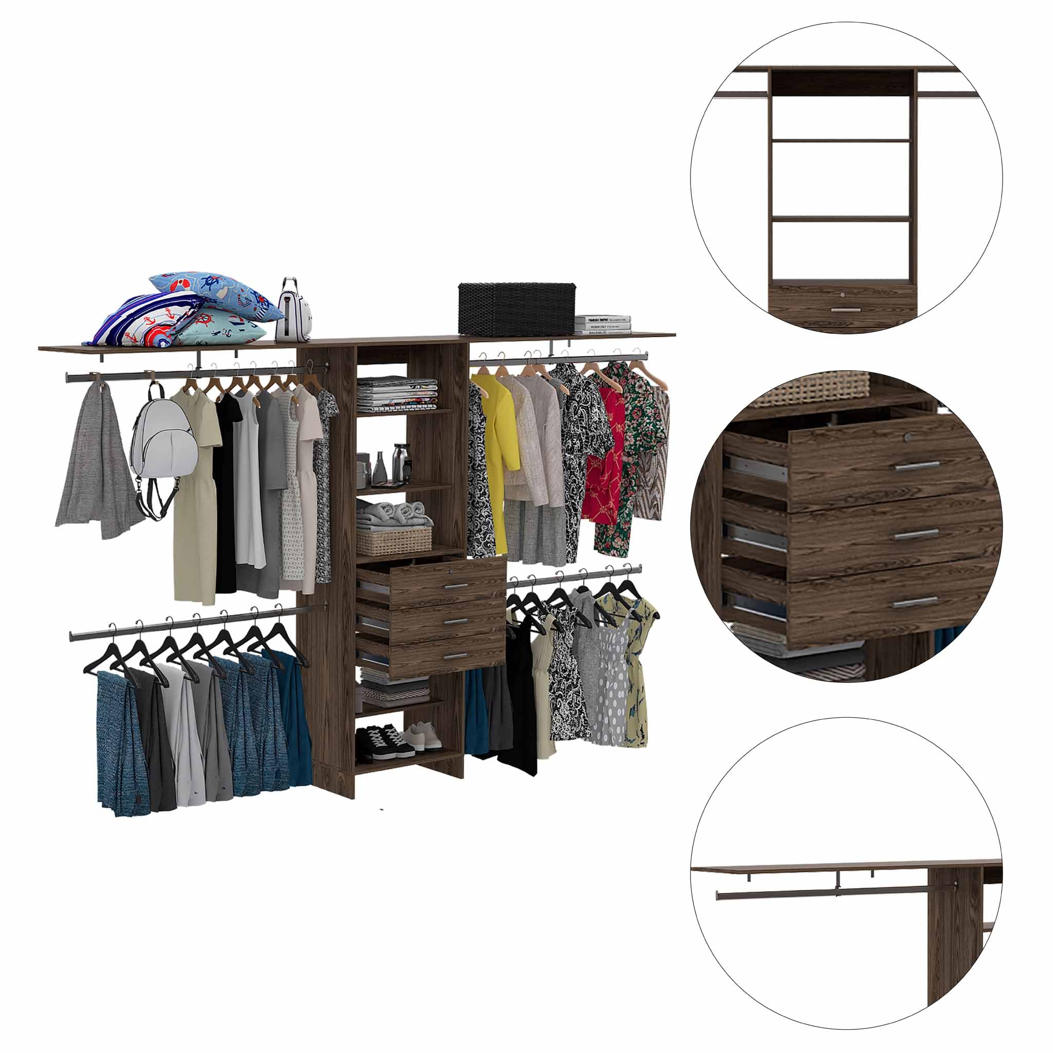 Plego  Drawers Closet System, Five Shelves, Four Hanging Rods, Three Drawers