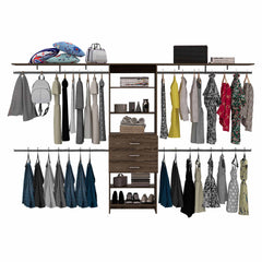 Plego  Drawers Closet System, Five Shelves, Four Hanging Rods, Three Drawers