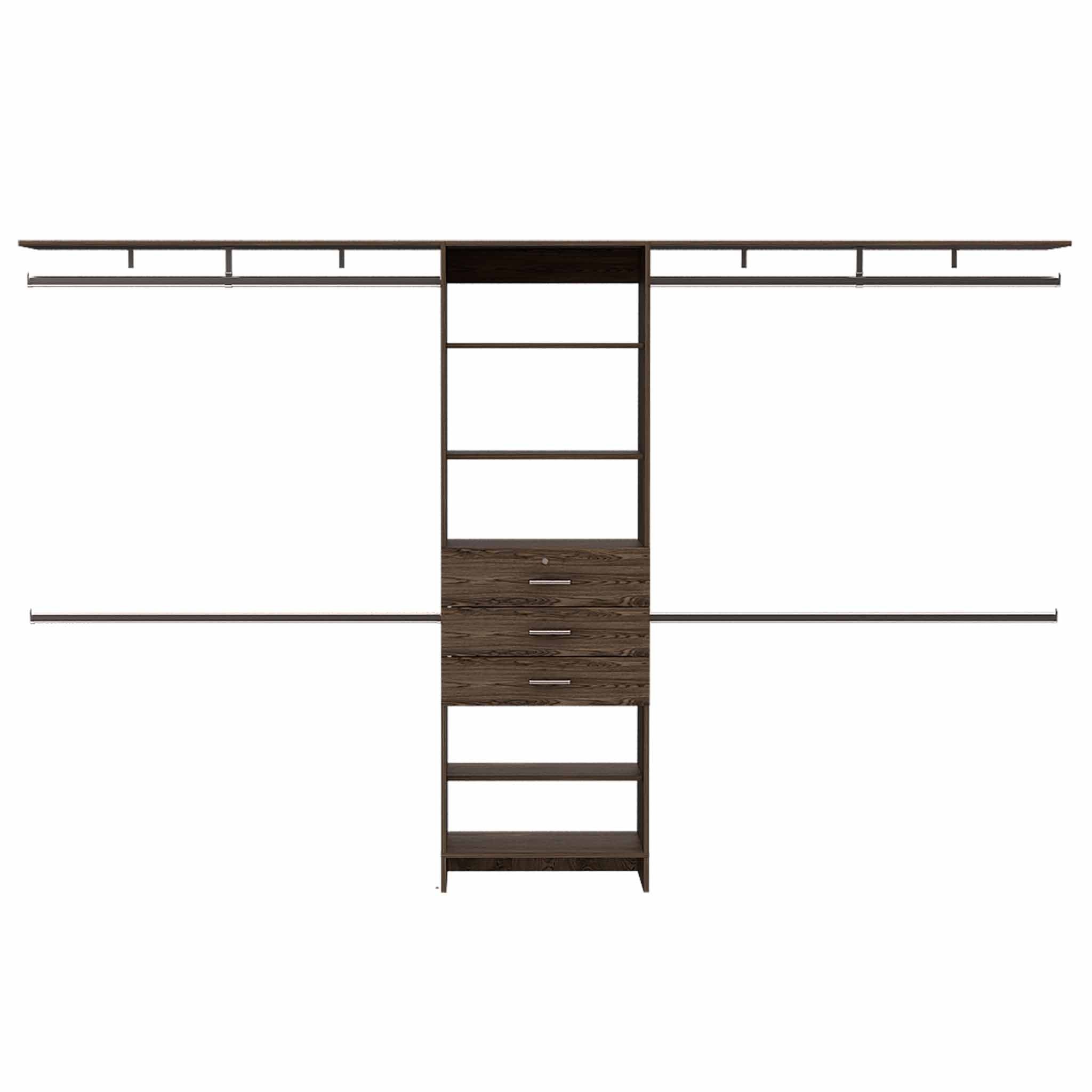 Plego  Drawers Closet System, Five Shelves, Four Hanging Rods, Three Drawers