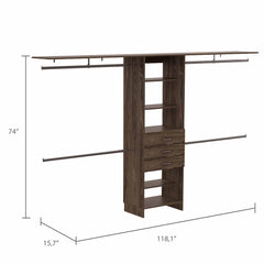 Plego  Drawers Closet System, Five Shelves, Four Hanging Rods, Three Drawers