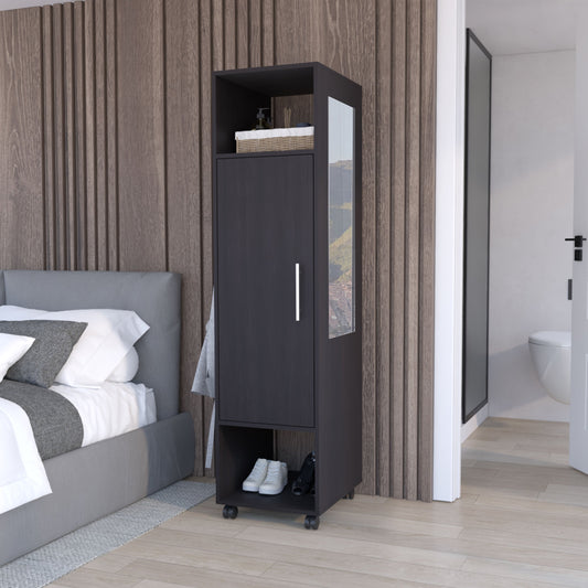 TUHOME Cluster 63-Inch Tall One-Door Wardrobe Cabinet with Mirror, Hanging Rod, Three Storage Shelves, Casters and Side Hooks, Freestanding Armoire Organizer for Bedroom, Laundry Room or Closet Clothes Storage
