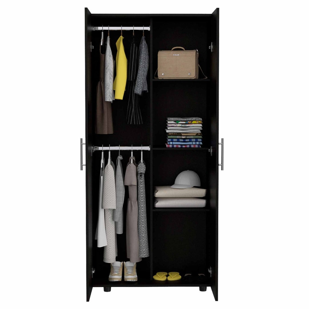 Tera Amoire, Four Shelves, Double Door Cabinet, Four Legs, Metal Hardware, Rods