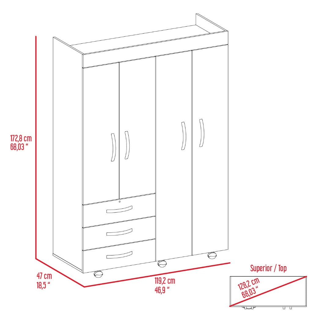 Denver Mobile Armoire, Rods, Double Door Cabinet, Three Drawers, Two Shelves