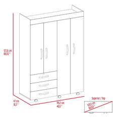 Denver Mobile Armoire, Rods, Double Door Cabinet, Three Drawers, Two Shelves