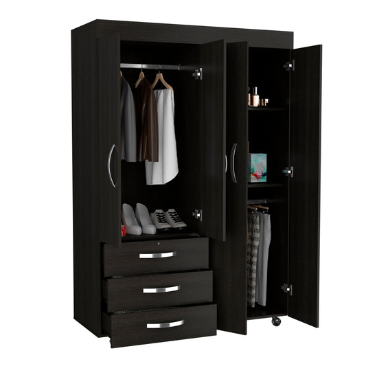 Tuhome Denver Adjustable Armoire with Rods, Double Door Cabinet, Three Drawers, Two Shelves, Modern Storage Solution for Bedroom and Closet