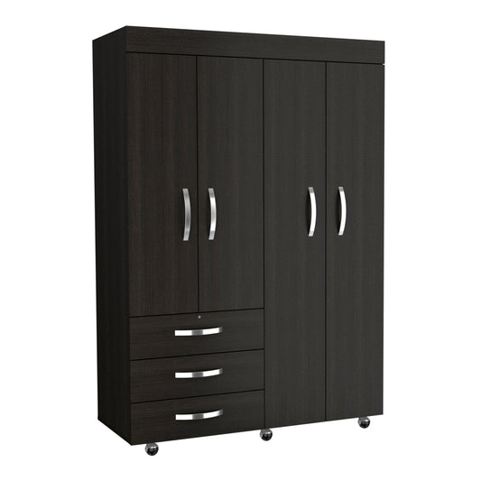 Tuhome Denver Adjustable Armoire with Rods, Double Door Cabinet, Three Drawers, Two Shelves, Modern Storage Solution for Bedroom and Closet