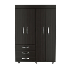 Denver Mobile Armoire, Rods, Double Door Cabinet, Three Drawers, Two Shelves