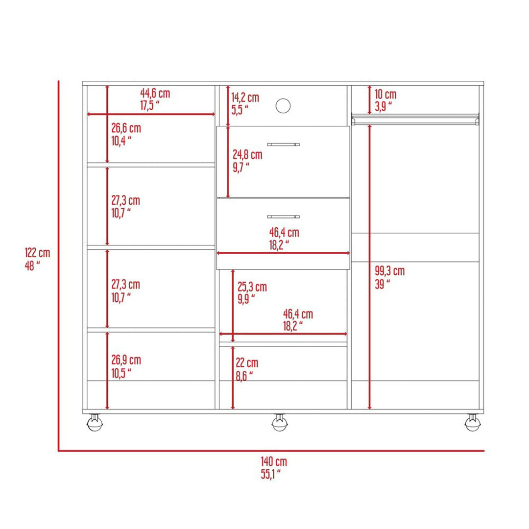 Letna Double Door Cabinet Dresser, Two Drawers, Single Cabinet, Rod