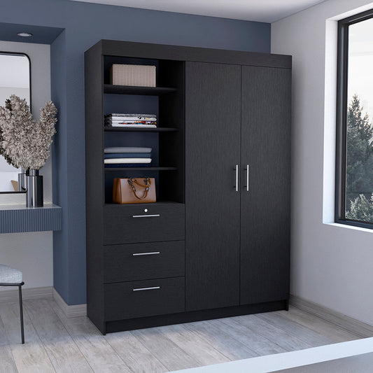 Tuhome Kenya 3 Drawers Armoire with Double Door Cabinet, Hanging Rod Storage, Three-Tier Open Shelves, Modern Bedroom Closet Organizer with Spacious Drawers and Multi-Functional Display Space for Home Organization