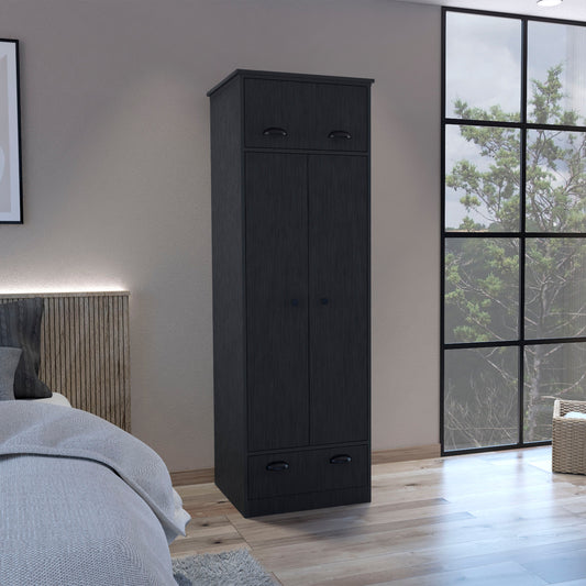 Falkland Armoire with Double-Door Wardrobe Cabinet, Upper Hinged Drawer, Lower Pull-Out Drawer and Modern Handle Accents for Organized Clothing Storage, Bedroom Organization and Stylish Space-Saving Home Furniture