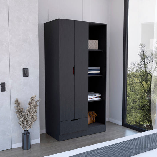 Memphis Wardrobe Armoire with Double-Door Hanging Cabinet, Four-Tier Storage Shelves, Spacious Lower Drawer and Modern Space-Saving Vertical Organization for Clothing, Accessories and Everyday Bedroom Essentials