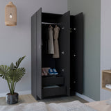 Ohio Armoire Wardrobe with Three-Door Hanging Cabinet, Two Lower Storage Drawers, Four-Tier Shelving System and Modern Space-Saving Design for Organized Clothing, Accessories and Complete Bedroom Organization