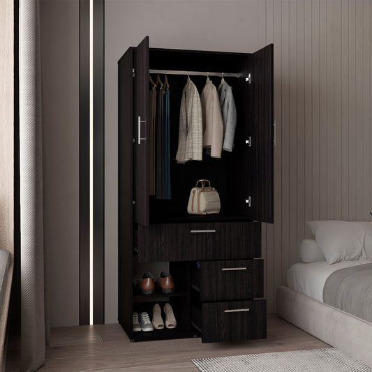 Alpine Modern Freestanding Armoire Wardrobe Console Double Door Design with Integrated Interior Shelves and Hanging Rod Providing Comprehensive Storage Solutions for Optimal Bedroom Organization