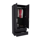 Wenden Ultimate Bedroom Storage Armoire Wardrobe Solution Double Door Design Featuring Two Spacious Pull-Out Utility Drawers Interior Hanging Rod and Shelving for Comprehensive Garment Organization