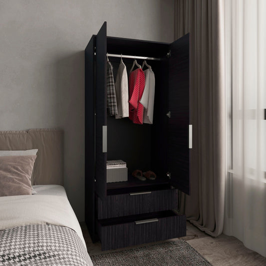 Wenden Ultimate Bedroom Storage Armoire Wardrobe Solution Double Door Design Featuring Two Spacious Pull-Out Utility Drawers Interior Hanging Rod and Shelving for Comprehensive Garment Organization