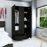 Tuhome Austral Three-Door Armoire with Double Door Hanging Cabinet, Full-Height Shelving Section, Two Spacious Storage Drawers, Modern Multi-Compartment Wardrobe for Organized Bedrooms and Versatile Home Storage