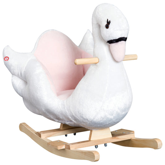 Qaba Wooden Plush Swan Rocking Horse, Ride-On Toy with Music, White & Pink, Soothing for Infants & Toddlers