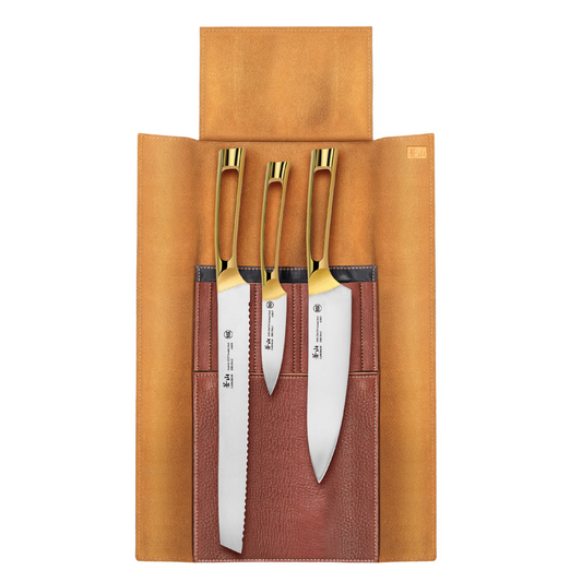 N1 Series 4-Piece Leather Roll Knife Set, Gold Plated Handle, Forged German Steel, 62618