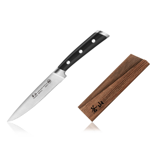 TS Series 5-Inch Serrated Utility Knife with Wood Sheath, Forged Swedish 14C28N Steel, 1020588