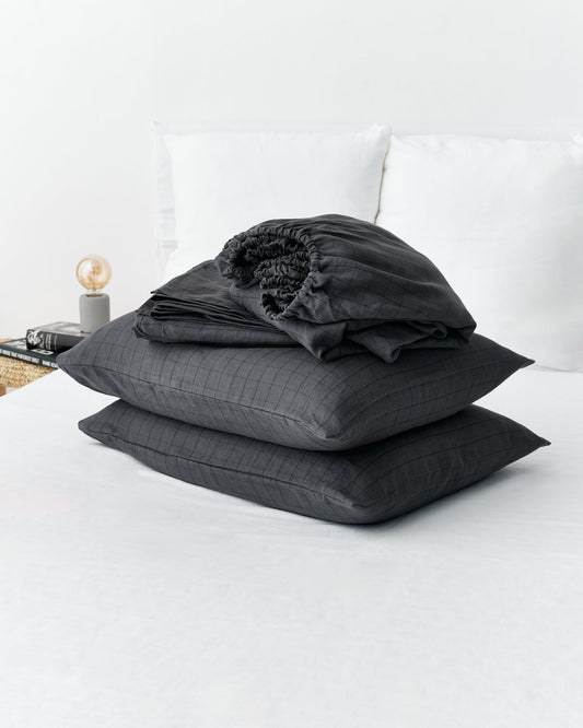 Charcoal windowpane linen sheet set