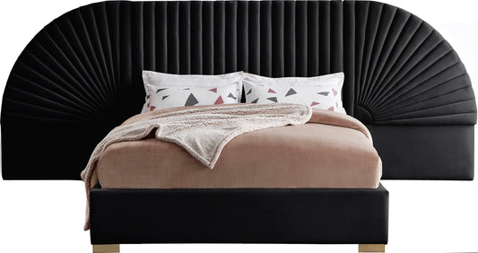 Cleo Luxurious Velvet Bed with Elegant Channel-Tufted Headboard and Chic Gold Steel Legs