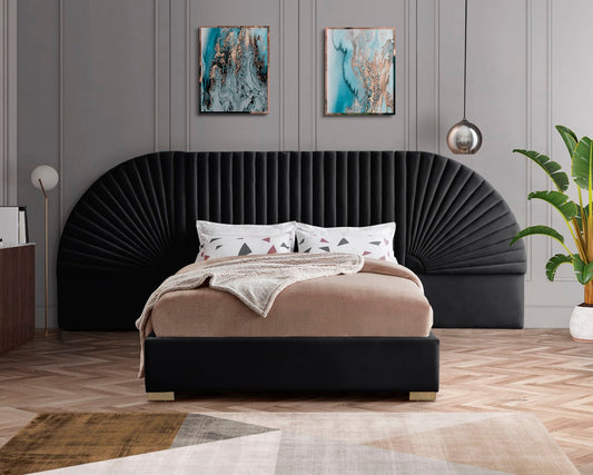 Cleo Luxurious Velvet Bed with Elegant Channel-Tufted Headboard and Chic Gold Steel Legs
