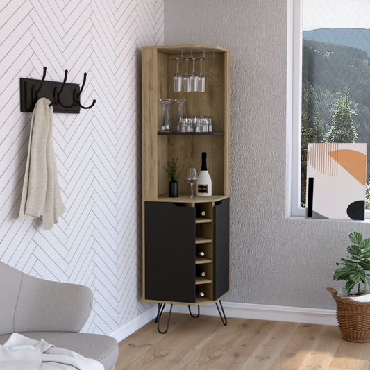 Tuhome Audra Corner Bar Cabinet with Six Built-In Wine Rack Compartments, Two Open Display Shelves, Four Interior Shelves Behind Door and Cup Rack, Space-Saving Home Bar Storage for Modern Entertaining Spaces