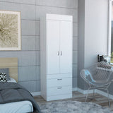 TUHOME Lisboa 2-Door Armoire with Double Door Storage, Two Spacious Drawers, Concealed Hanging Rod and Vertical Freestanding Wardrobe for Bedroom, Living Room, Kitchen or Garage Organization