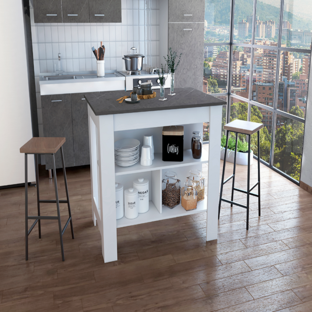 Delos Kitchen Island, Four Legs, Three Shelves