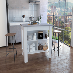 Delos Kitchen Island, Four Legs, Three Shelves