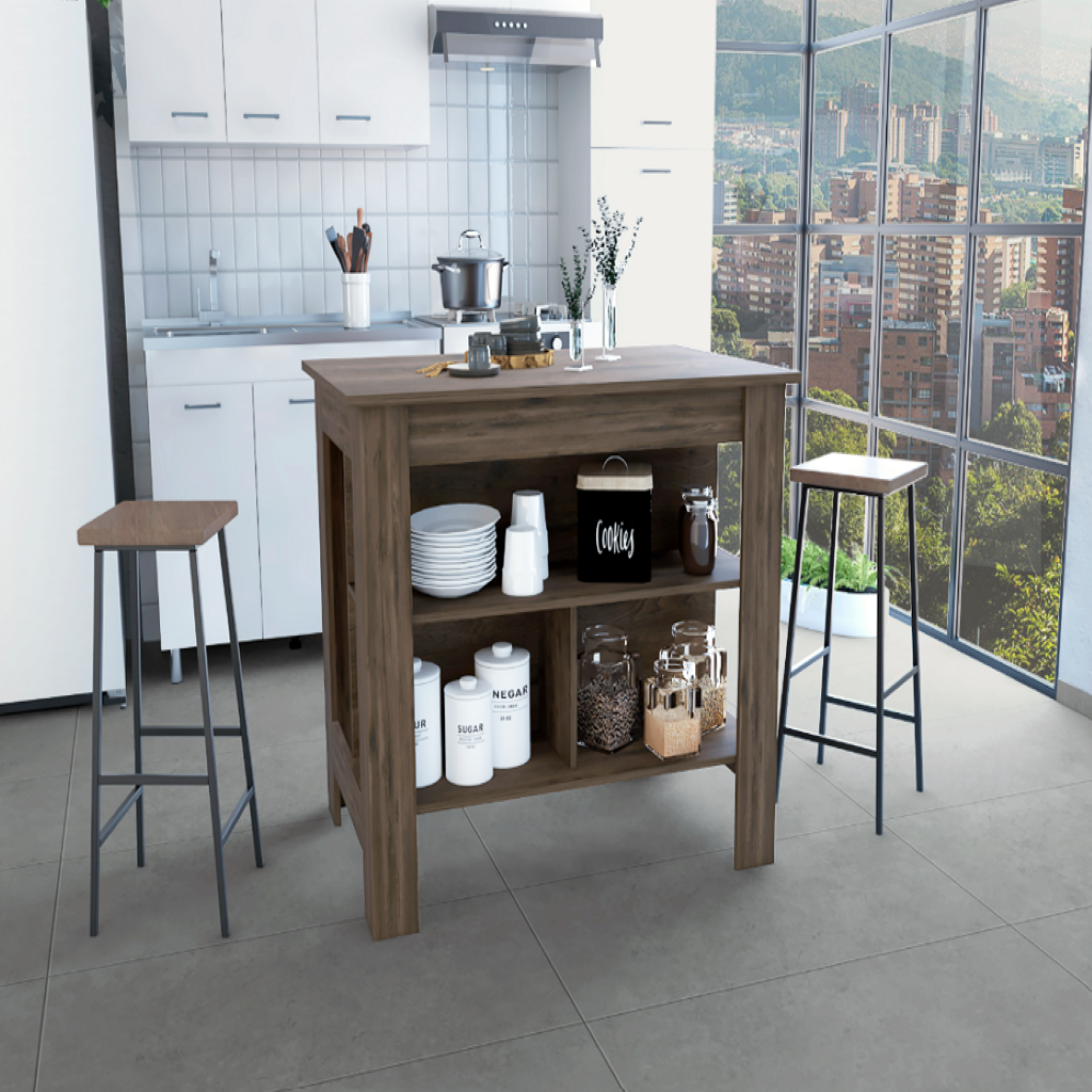 Delos Kitchen Island, Four Legs, Three Shelves