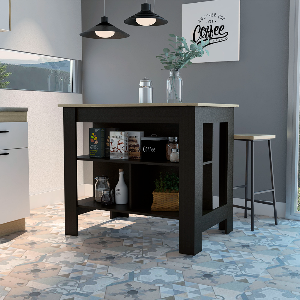 Delos Kitchen Island, Four Legs, Three Shelves