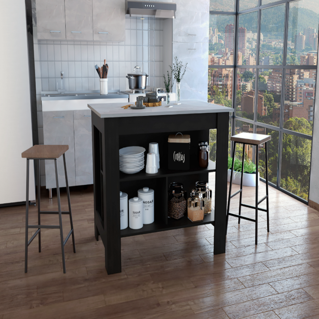 Delos Kitchen Island, Four Legs, Three Shelves