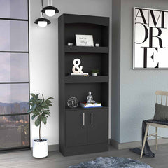 Dozza Bookcase, Three Shelves, Double Door Cabinet, Metal Hardware