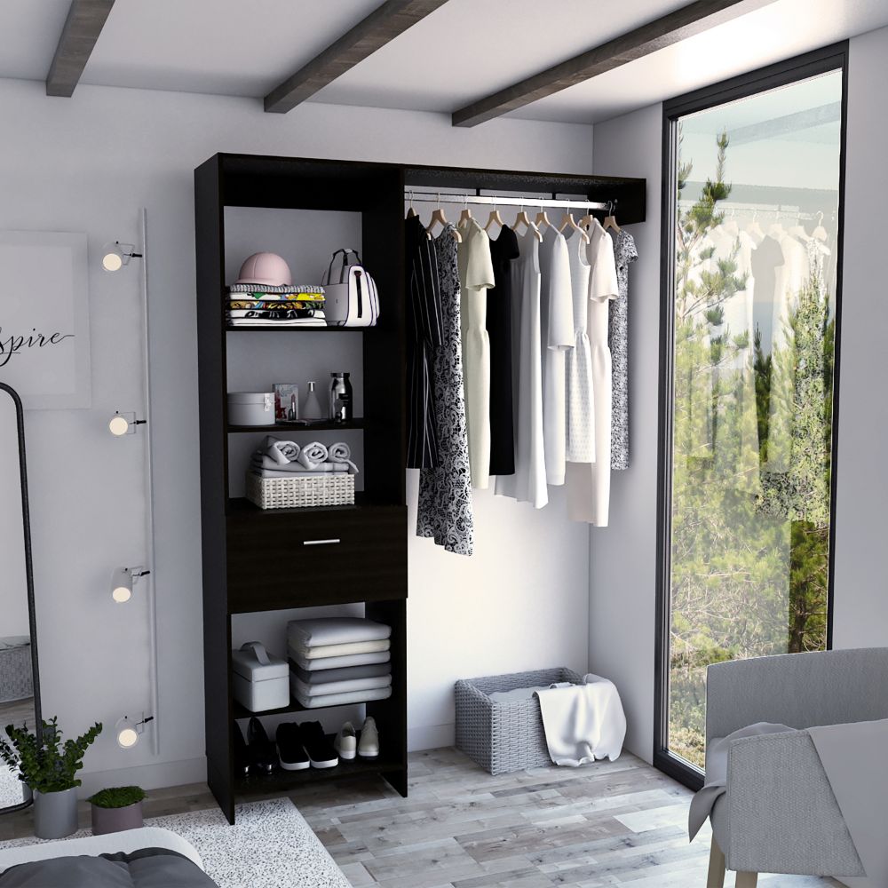 Dynamic Closet System, Five Open Shelves, One Drawer, One Metal Rod