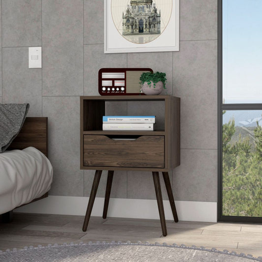 Emma Nightstand, Superior Top, Four Legs, One Open Shelf, One Drawer