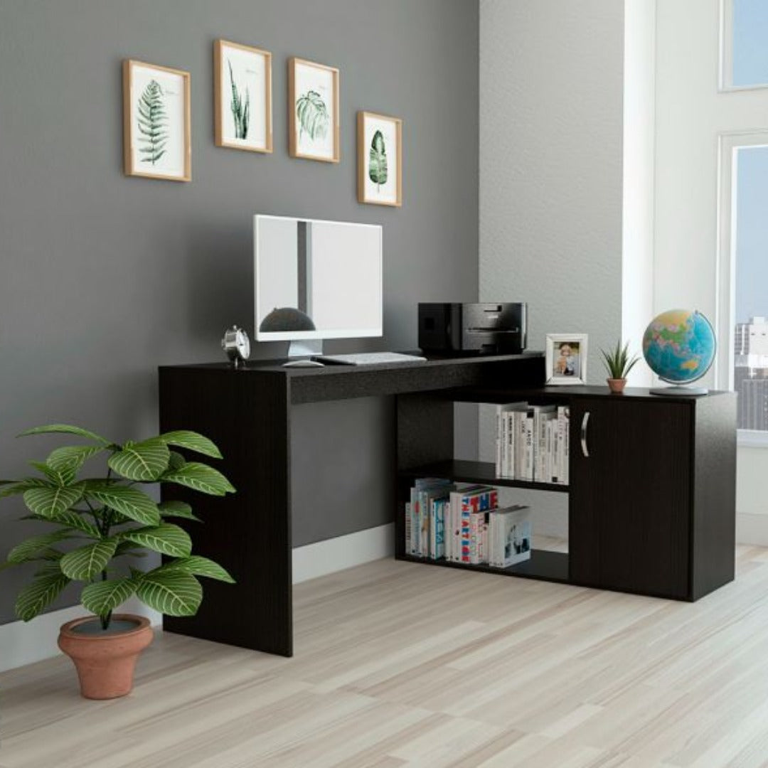 Rossi L-Shaped Desk, Two Interior Shelves, Single Door Cabinet, Two Open Shelves