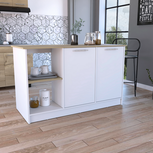 Juniper Kitchen Island with Large Prep and Serving Top, Double-Door Cabinet with Interior Shelves, Dual Open Storage Shelves and Modern Space-Saving Design for Enhanced Organization, Meal Preparation and Everyday Kitchen Efficiency