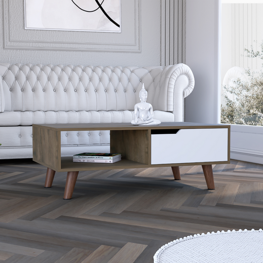 TUHOME Oslo Coffee Table 2.0 with Single Drawer, Open Shelf and Modern Four-Leg Design for Living Room Organization, Stylish Center Table for Books, Magazines and Everyday Home Storage