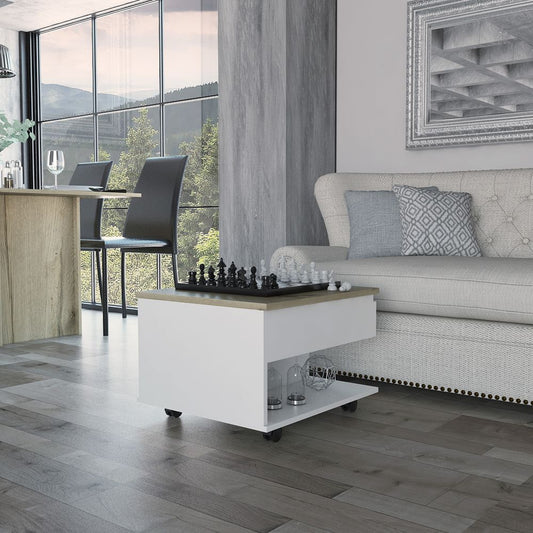 Luanda Lift-Top Coffee Table with Concealed Storage Compartment, Lower Open Shelf, Smooth-Lifting Mechanism and Locking Casters for Mobile Living Room Convenience, Modern Organization and Versatile Everyday Functionality