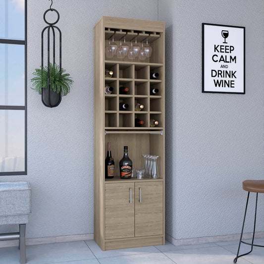 Tuhome Being Kava Bar Cabinet with Double Door Storage, Two Open Shelves, Sixteen Built-In Wine Rack Cubbies, Integrated Glass Rack and Vertical Home Bar Organizer for Cocktail Preparation and Bottle Display