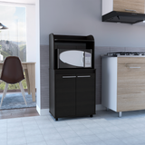 Kira Kitchen Cart with Spacious Microwave Shelf, Double-Door Cabinet with Interior Shelves, Open Storage Area, Large Countertop and Caster Wheels for Mobile Organization, Prep Convenience and Modern Kitchen Functionality
