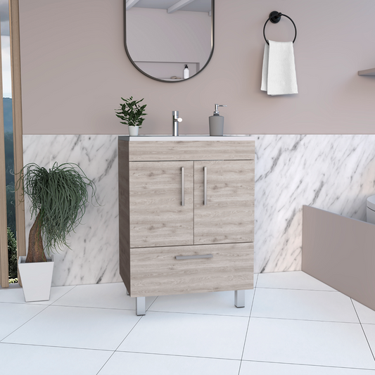 Tuhome Velloc Single Bathroom Vanity with Double Door Cabinet, Spacious Lower Drawer, Ergonomic Compact Design, Superior Top Surface and Moisture-Resistant Construction, Modern White Vanity for Organized Bathrooms