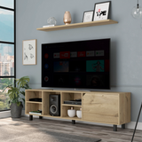 Tuhome Valdivia TV Stand for TVs up to 70", Modern Entertainment Center with Four Open Shelves, Wide Superior Top, Cable Management Openings and Five-Sturdy-Leg Base, Space-Saving Media Console in Light Oak Finish