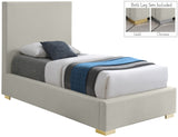 Crosby Mid Century Modern Bed with Elegant Linen Upholstery and Stylish Gold & Chrome Legs