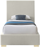 Crosby Mid Century Modern Bed with Elegant Linen Upholstery and Stylish Gold & Chrome Legs