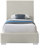 Crosby Mid Century Modern Bed with Elegant Linen Upholstery and Stylish Gold & Chrome Legs