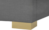 Crosby Mid Century Modern Bed with Elegant Linen Upholstery and Stylish Gold & Chrome Legs
