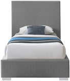 Crosby Mid Century Modern Bed with Elegant Linen Upholstery and Stylish Gold & Chrome Legs